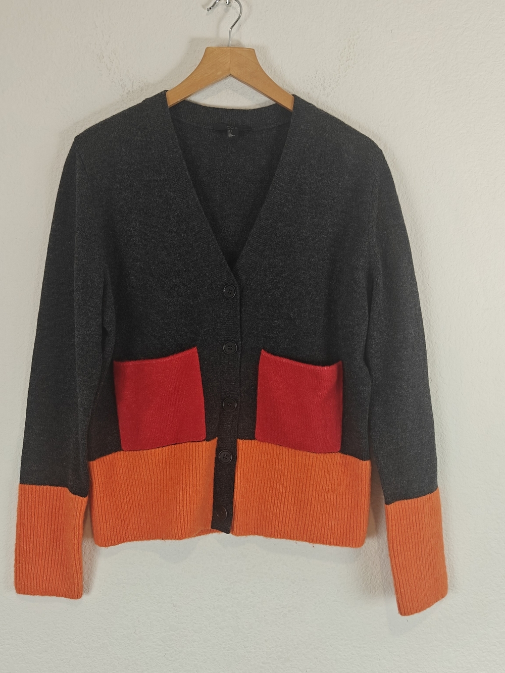 COS Colour-Block Wool Blend Cardigan Sweater Red Pocket Accent Size Small